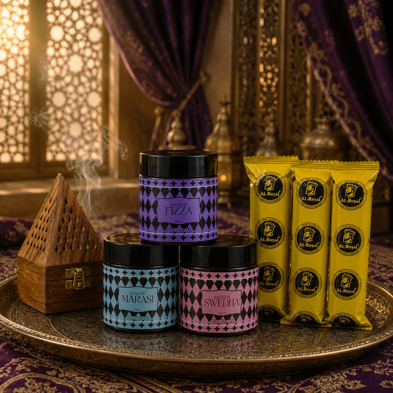 Premium Bakhoor Combo Set – Fizza, Marasi & Swedha Bakhoor with Burner & Charcoal