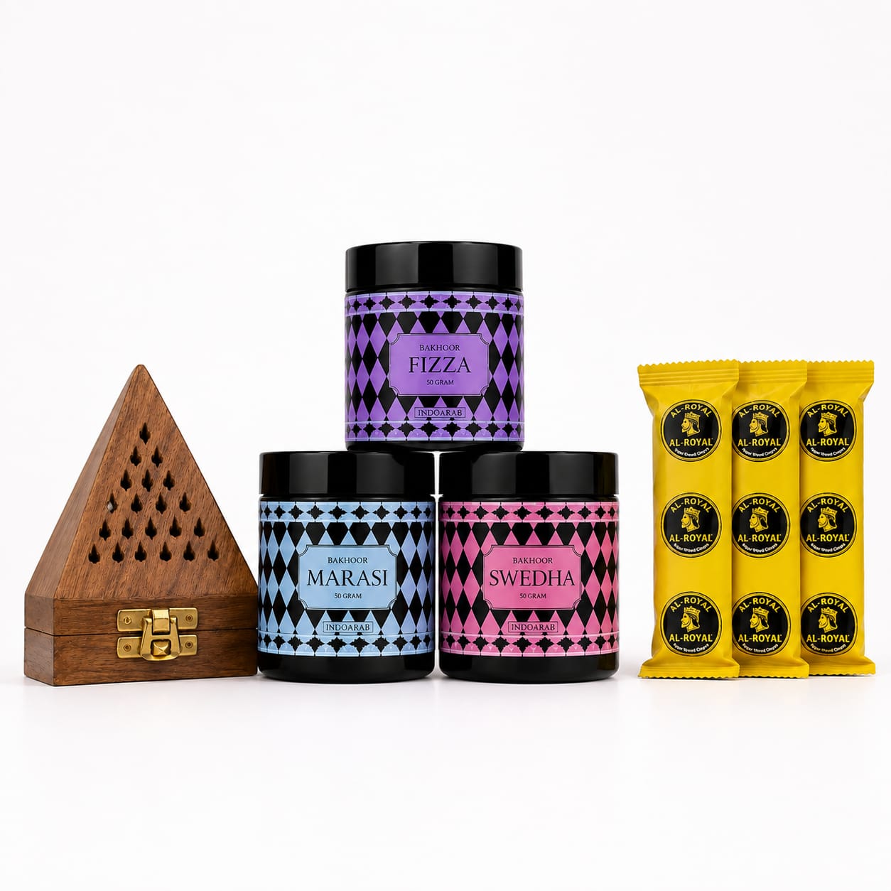 Premium Bakhoor Combo Set – Fizza, Marasi & Swedha Bakhoor with Burner & Charcoal
